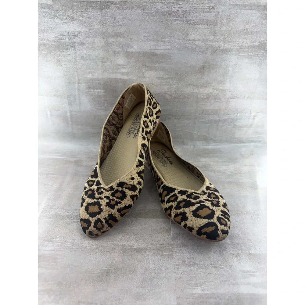 Skechers Cleo Bewitched Leopard Print Stretch Flats 44886 Tan Black Women Sz 9.5
